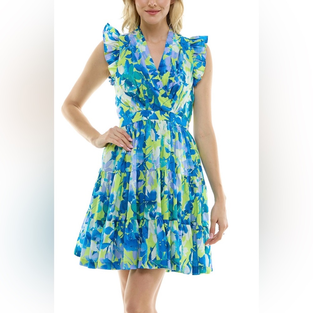 NWOT TAYLOR SMALL SLEEVELESS MULTICOLOR FLORAL TIERED MINI DRESS WITH POCKETS